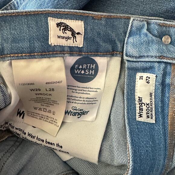 Wrangler WROCK High Rise Kick Flare Jeans Blue Denim Split Panel Raw Hem 29x28 - Picture 7 of 7